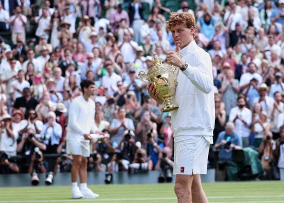 Winner Jannik Sinner with cup, trophy, award ceremony, presentation, final, final, men s singles, men s singles tennis Wimbledon 2021 Grand Slam ITF ATP WTA AELTC London Great Britain 13 July 2025 Copyright: xJuergenxHasenkopfx