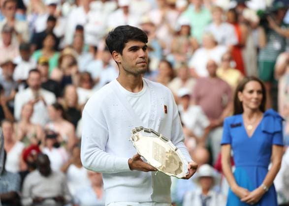 13th July 2025; All England Lawn Tennis and Croquet Club, London, England; Wimbledon Tennis Tournament, Day 14; Carlos Alcaraz (ESP) with the Runners up plate after the final match  ActionPlus12813470 JohnxPatrickxFletcher