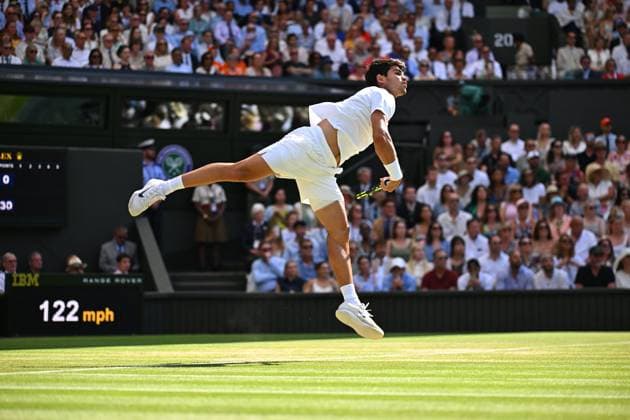 Jannik Sinner Wins His First Wimbledon Trophy - UK Carlos Alcaraz (ESP) during the men final at the 2025 Wimbledon Championships at the AELTC in London, UK, on July 13, 2025. Photo by Corinne Dubreuil ABACAPRESS.COM London United Kingdom  Copyright: xDubreuilxCorinne ABACAx