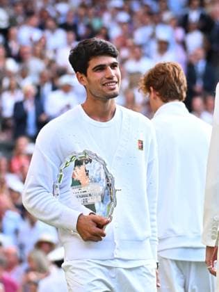 Jannik Sinner Wins His First Wimbledon Trophy - UK Carlos Alcaraz (ESP) during the men final at the 2025 Wimbledon Championships at the AELTC in London, UK, on July 13, 2025. Photo by Corinne Dubreuil ABACAPRESS.COM London United Kingdom  Copyright: xDubreuilxCorinne ABACAx