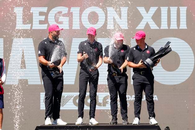 LIV Golf Andalucia - Day Three Jon Rahm of Legion XIII, Caleb Surratt of Legion XIII, Tom McKibbin of Legion XIII, and Tyrrell Hatton of Legion XIII celebrate the victory on day three of LIV Golf Andalucia at Valderrama in Cadiz, Spain, on July 13, 2025. Sotogrande Cadiz Spain  Copyright: xDAXxImagesx originalFilename:daximages-livgolfa250713_npXtZ.jpg