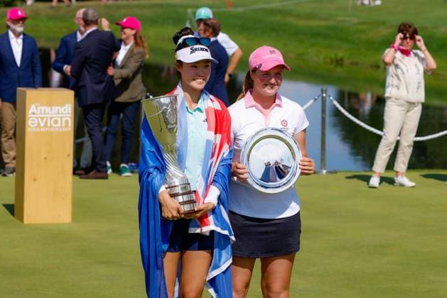 EVIAN-LES-BAINS, FRANCE - 13.07.2025: Grace Kim (AUS) and Lottie Woad (ENG) of The Amundi Evian Championship at the Evian Resort Golf Club on July 13, 2025 in Evian-les-Bains, France.