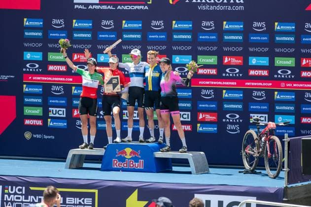 UCI Mountain Bike World Cup Andorra Cyclists stand on the podium in the CROSS-COUNTRY OLYMPIC for Women during the UCI Mountain Bike World Cup Andorra 2025 in Pal Arinsal, Andorra, on July 13, 2025.  Copyright: xMartinxSilvaxCosentinox originalFilename:silvacosentino-cyclists250713_npue6.jpg