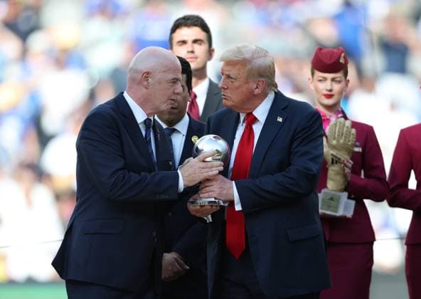 (250714) -- NEW JERSEY, July 14, 2025 -- U.S. President Donald Trump (2nd R) and FIFA president Gianni Infantino (L) hold the Young Player Award trophy during the awarding ceremony for the final match between Chelsea FC (England) and Paris Saint-Germain (France) at the FIFA Club World Cup 2025 at the MetLife Stadium, New Jersey, the United States, July 13, 2025. ) (SP)U.S.-NEW JERSEY-FOOTBALL-FIFA CLUB WORLD CUP-FINAL-CHELSEA FC VS PARIS SAINT-GERMAIN LixMing 