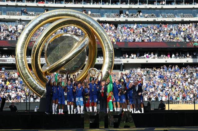 (250714) -- NEW JERSEY, July 14, 2025 -- U.S. President Donald Trump (C) and FIFA president Gianni Infantino (R) celebrate with team members of Chelsea FC during the awarding ceremony for the final match between Chelsea FC (England) and Paris Saint-Germain (France) at the FIFA Club World Cup 2025 at the MetLife Stadium, New Jersey, the United States, July 13, 2025. ) (SP)U.S.-NEW JERSEY-FOOTBALL-FIFA CLUB WORLD CUP-FINAL-CHELSEA FC VS PARIS SAINT-GERMAIN LixMing 
