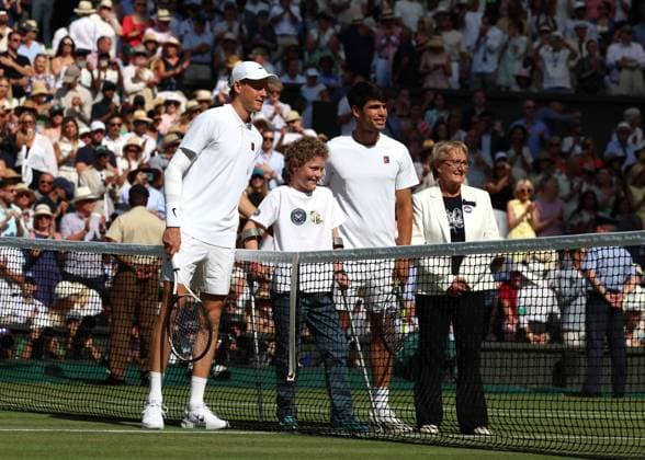 13th July 2025; All England Lawn Tennis and Croquet Club, London, England; Wimbledon Tennis Tournament, Day 14; Jannik Sinner (ITA) and Carlos Alcaraz (ESP) pose together before playing the Gentlemens singles final match  ActionPlus12813554 JohnxPatrickxFletcher