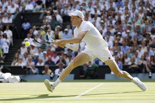 Tennis: Wimbledon championships Jannik Sinner of Italy plays against Carlos Alcaraz of Spain in the men s singles final at the Wimbledon tennis tournament in London on July 13, 2025.  A14AA0004721901P