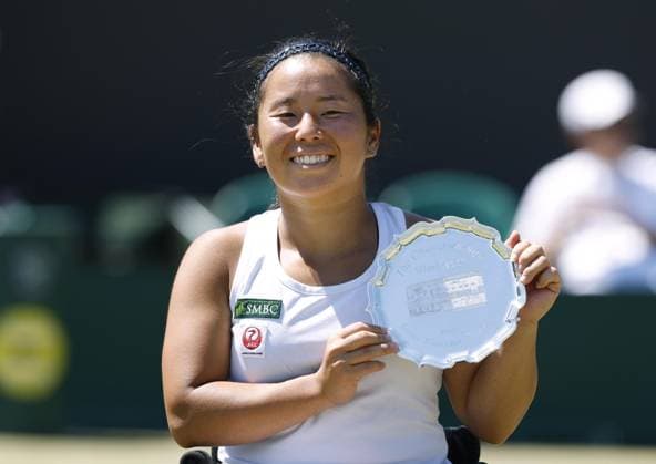 Tennis: Wimbledon championships Yui Kamiji of Japan smiles after finishing second in the women s wheelchair singles final at the Wimbledon tennis tournament in London on July 12, 2025.  A14AA0004722273P