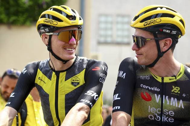 American Matteo Jorgenson of Team Visma Lease a Bike and Italian Edoardo Affini of Team Visma Lease a Bike pictured at the start of stage 10 of the 2025 Tour de France cycling, from Ennezat to Le Mont-Dore Puy de Sancy (169 km), on Monday 14 July 2025 in France. The 112th edition of the Tour de France starts on Saturday 5 July in Lille, France, and will finish in Paris, France on the 27th of July. DAVIDxPINTENS  x129223030x