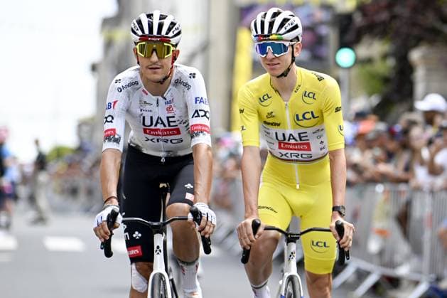 Spanish Marc Soler of UAE Team Emirates-XRG and Slovenian Tadej Pogacar of UAE Team Emirates-XRG pictured at the start of stage 10 of the 2025 Tour de France cycling, from Ennezat to Le Mont-Dore Puy de Sancy (169 km), on Monday 14 July 2025 in France. The 112th edition of the Tour de France starts on Saturday 5 July in Lille, France, and will finish in Paris, France on the 27th of July. DAVIDxPINTENS  x129223291x