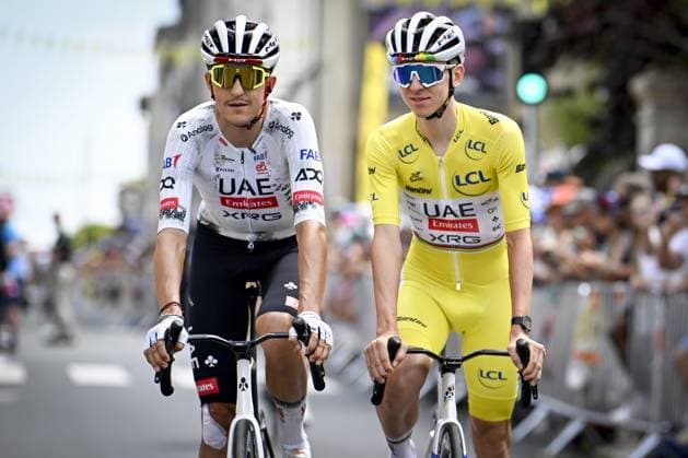 Spanish Marc Soler of UAE Team Emirates-XRG and Slovenian Tadej Pogacar of UAE Team Emirates-XRG pictured at the start of stage 10 of the 2025 Tour de France cycling, from Ennezat to Le Mont-Dore Puy de Sancy (169 km), on Monday 14 July 2025 in France. The 112th edition of the Tour de France starts on Saturday 5 July in Lille, France, and will finish in Paris, France on the 27th of July. DAVIDxPINTENS  x129223298x