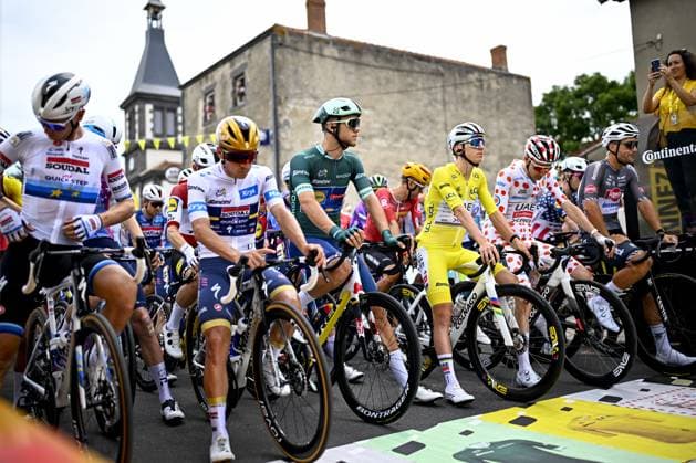 Belgian Tim Merlier of Soudal Quick-Step, Belgian Remco Evenepoel of Soudal Quick-Step, Italian Jonathan Milan of Lidl-Trek, Slovenian Tadej Pogacar of UAE Team Emirates and Belgian Tim Wellens of UAE Team Emirates pictured at the start of stage 10 of the 2025 Tour de France cycling, from Ennezat to Le Mont-Dore Puy de Sancy (169 km), on Monday 14 July 2025 in France. The 112th edition of the Tour de France starts on Saturday 5 July in Lille, France, and will finish in Paris, France on the 27th of July. JASPERxJACOBS  x129226502x