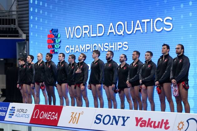 Milan Radenovic of Canada, Ali Oussadou of Canada, Bogdan Djerkovic of Canada, Jeremie Cote of Canada, Nikolas Gerakoudis of Canada, David Lapins of Canada, Roko Pozaric of Canada, cc8 , Aleksa Gardijan of Canada, Jason O™Donnell of Canada, Reuel D Souza of Canada, Brody Mc Knight of Canada, Andrej Gavric of Canada, Leo Hachem of Canada Singapore v Canada, Water polo, Wasserball Singapore 2025 World Aquatics Championships, OCBC Aquatic Centre, July 14, 2025, Singapore, Singapore.
