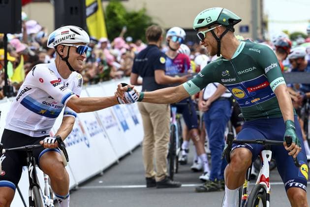 Belgian Tim Merlier of Soudal-Quick Step and Italian Jonathan Milan of Lidl-Trek pictured at the start of stage 10 of the 2025 Tour de France cycling, from Ennezat to Le Mont-Dore Puy de Sancy (169 km), on Monday 14 July 2025 in France. The 112th edition of the Tour de France starts on Saturday 5 July in Lille, France, and will finish in Paris, France on the 27th of July. DAVIDxPINTENS  x129227501x
