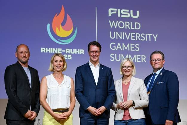 Opening press conference, PK, Pressekonferenz for the FISU World University Games - Rhine-Ruhr 2025; Essen, 14.07.2025 ESSEN, GERMANY - JULY 14: Image taken on day 1 of the Opening Press Conference for the FISU World University Games - Rhine-Ruhr 2025 at Main Press Centre at ESSEN Messe of Essen on 14.7.2025 in Northrhine-Westphalia Germany. Photo by Oliver Kremer Pixolli Studios. Dr. Christiane Schenderlein, State Minister for and Volunteering, Hendrik Wüst, Minister-President of North Rhine-Westphalia, Joerg Foerster, Chair of the Board of the adh (German University Sports Federation), Karla Borger, former national Beach volleyball, Beachvolleyball player and Chair of the Board of Trustees, Niklas Boerger, CEO of Rhine-Ruhr 2025 FISU Games gGmbH being interviewed and providing general information on the event. *** Opening Press Conference for the FISU World University Games Rhine Ruhr 2025 Essen, 14 07 2025 ESSEN, GERMANY JULY 14 Image taken on day 1 of the Opening Press Conference for the FISU World University Games Rhine Ruhr 2025 at Main Press Centre at ESSEN Messe of Essen on 14 7 2025 in Northrhine Westphalia Germany Photo by Oliver Kremer Pixolli Studios Dr Christiane Schenderlein, State Minister for Sport and Volunteering, Hendrik Wüst, Minister President of North Rhine Westphalia, Joerg Foerster, Chair of the Board of the adh German University Sports Federation , Karla Borger, former national beach volleyball player and Chair of the Board of Trustees, Niklas Boerger, CEO of Rhine Ruhr 2025 FISU Games gGmbH being interviewed and providing general information on the event Copyright: xBEAUTIFULxSPORTS OliverxKremerx