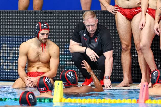 cc8 , headcoach Pat Oaten of Canada, Reuel D Souza of Canada, Leo Hachem of Canada Singapore v Canada, Water polo, Wasserball Singapore 2025 World Aquatics Championships, OCBC Aquatic Centre, July 14, 2025, Singapore, Singapore.