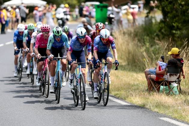 The breakaway group pictured during stage 10 of the 2025 Tour de France cycling, from Ennezat to Le Mont-Dore Puy de Sancy (169 km), on Monday 14 July 2025 in France. The 112th edition of the Tour de France starts on Saturday 5 July in Lille, France, and will finish in Paris, France on the 27th of July. POOLxLUCAxBETTINI  x129230616x