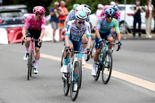 French Lenny Martinez of Bahrain Victorious pictured in action during stage 10 of the 2025 Tour de France cycling, from Ennezat to Le Mont-Dore Puy de Sancy (169 km), on Monday 14 July 2025 in France. The 112th edition of the Tour de France starts on Saturday 5 July in Lille, France, and will finish in Paris, France on the 27th of July. POOLxLUCAxBETTINI  x129230698x