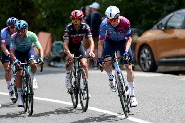 The breakaway group pictured during stage 10 of the 2025 Tour de France cycling, from Ennezat to Le Mont-Dore Puy de Sancy (169 km), on Monday 14 July 2025 in France. The 112th edition of the Tour de France starts on Saturday 5 July in Lille, France, and will finish in Paris, France on the 27th of July. POOLxLUCAxBETTINI  x129231126x