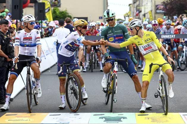 Belgian Tim Merlier of Soudal-Quick Step, Belgian Remco Evenepoel of Soudal-Quick Step, Italian Jonathan Milan of Lidl-Trek and Slovenian Tadej Pogacar of UAE Team Emirates-XRG pictured at the start of stage 10 of the 2025 Tour de France cycling, from Ennezat to Le Mont-Dore Puy de Sancy (169 km), on Monday 14 July 2025 in France. The 112th edition of the Tour de France starts on Saturday 5 July in Lille, France, and will finish in Paris, France on the 27th of July. DAVIDxPINTENS  x129231364x