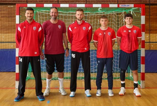 BAU 14 07 2025 Bietigheim Handball SG BBM Bietigheim Training kick-off, new arrivals, from l Martin Tomovski, coach Iker Romero, Jan Hrdlicka, Nico Bacani, Max Prantner