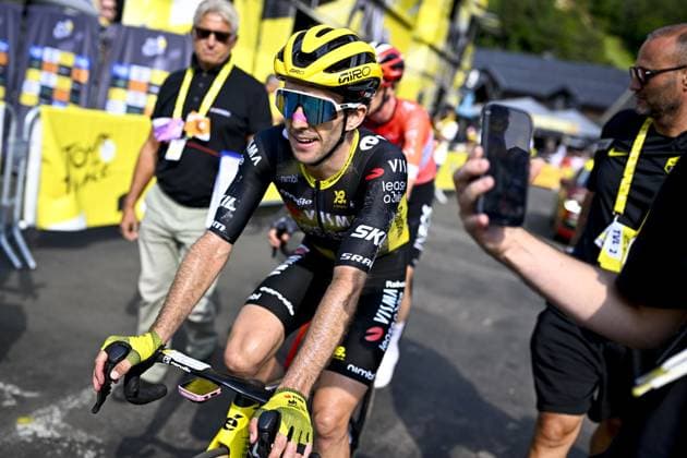 British Simon Yates of Team Visma Lease a Bike celebrates after winning stage 10 of the 2025 Tour de France cycling, from Ennezat to Le Mont-Dore Puy de Sancy (169 km), on Monday 14 July 2025 in France. The 112th edition of the Tour de France starts on Saturday 5 July in Lille, France, and will finish in Paris, France on the 27th of July. JASPERxJACOBS  x129256183x