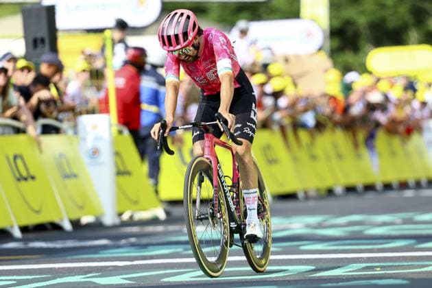 Irish Ben Healy of EF Education-EasyPost celebrates after winning stage 10 of the 2025 Tour de France cycling, from Ennezat to Le Mont-Dore Puy de Sancy (169 km), on Monday 14 July 2025 in France. The 112th edition of the Tour de France starts on Saturday 5 July in Lille, France, and will finish in Paris, France on the 27th of July. DAVIDxPINTENS  x129256671x