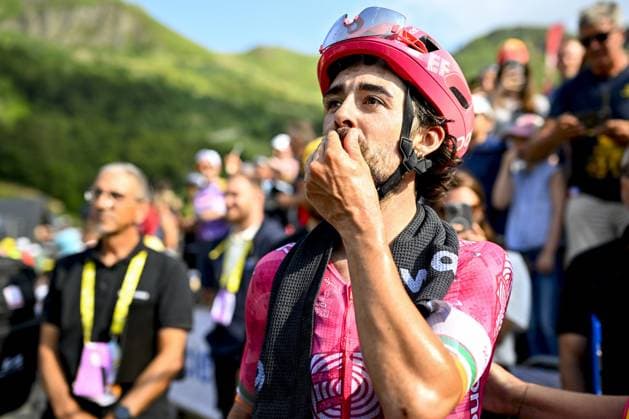 Irish Ben Healy of EF Education-EasyPost celebrates after winning stage 10 of the 2025 Tour de France cycling, from Ennezat to Le Mont-Dore Puy de Sancy (169 km), on Monday 14 July 2025 in France. The 112th edition of the Tour de France starts on Saturday 5 July in Lille, France, and will finish in Paris, France on the 27th of July. JASPERxJACOBS  x129256682x