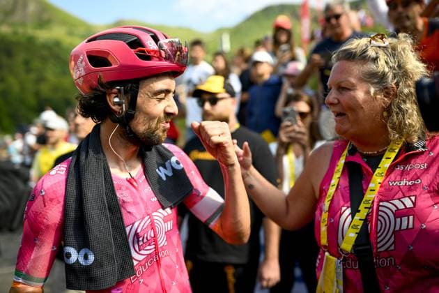 Irish Ben Healy of EF Education-EasyPost celebrates after winning stage 10 of the 2025 Tour de France cycling, from Ennezat to Le Mont-Dore Puy de Sancy (169 km), on Monday 14 July 2025 in France. The 112th edition of the Tour de France starts on Saturday 5 July in Lille, France, and will finish in Paris, France on the 27th of July. JASPERxJACOBS  x129256688x
