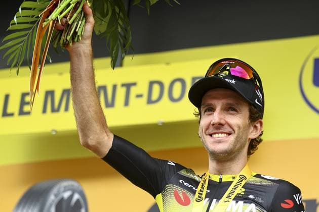 British Simon Yates of Team Visma Lease a Bike celebrates on the podium after winning stage 10 of the 2025 Tour de France cycling, from Ennezat to Le Mont-Dore Puy de Sancy (169 km), on Monday 14 July 2025 in France. The 112th edition of the Tour de France starts on Saturday 5 July in Lille, France, and will finish in Paris, France on the 27th of July. JASPERxJACOBS  x129256803x