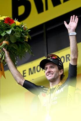British Simon Yates of Team Visma Lease a Bike celebrates on the podium after winning stage 10 of the 2025 Tour de France cycling, from Ennezat to Le Mont-Dore Puy de Sancy (169 km), on Monday 14 July 2025 in France. The 112th edition of the Tour de France starts on Saturday 5 July in Lille, France, and will finish in Paris, France on the 27th of July. JASPERxJACOBS  x129256807x