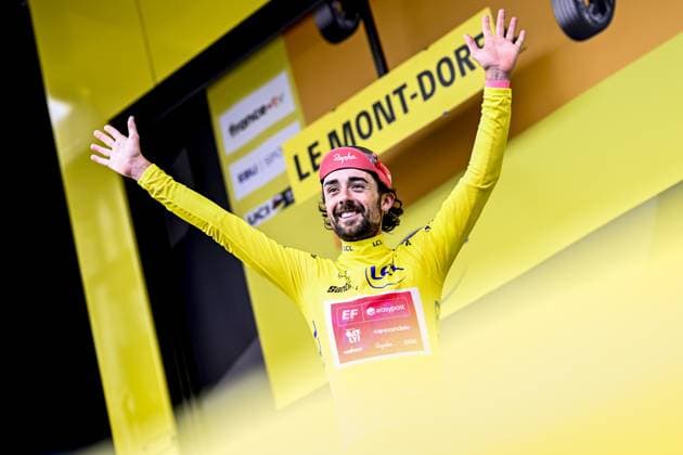 Irish Ben Healy of EF Education-EasyPost celebrates on the podium in the yellow jersey of leader in the overall ranking after stage 10 of the 2025 Tour de France cycling, from Ennezat to Le Mont-Dore Puy de Sancy (169 km), on Monday 14 July 2025 in France. The 112th edition of the Tour de France starts on Saturday 5 July in Lille, France, and will finish in Paris, France on the 27th of July. JASPERxJACOBS  x129257059x