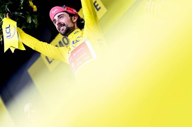Irish Ben Healy of EF Education-EasyPost celebrates on the podium in the yellow jersey of leader in the overall ranking after stage 10 of the 2025 Tour de France cycling, from Ennezat to Le Mont-Dore Puy de Sancy (169 km), on Monday 14 July 2025 in France. The 112th edition of the Tour de France starts on Saturday 5 July in Lille, France, and will finish in Paris, France on the 27th of July. JASPERxJACOBS  x129258699x