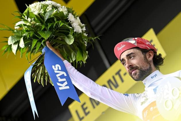 Irish Ben Healy of EF Education-EasyPost celebrates in the white jersey for best young rider after stage 10 of the 2025 Tour de France cycling, from Ennezat to Le Mont-Dore Puy de Sancy (169 km), on Monday 14 July 2025 in France. The 112th edition of the Tour de France starts on Saturday 5 July in Lille, France, and will finish in Paris, France on the 27th of July. JASPERxJACOBS  x129258732x