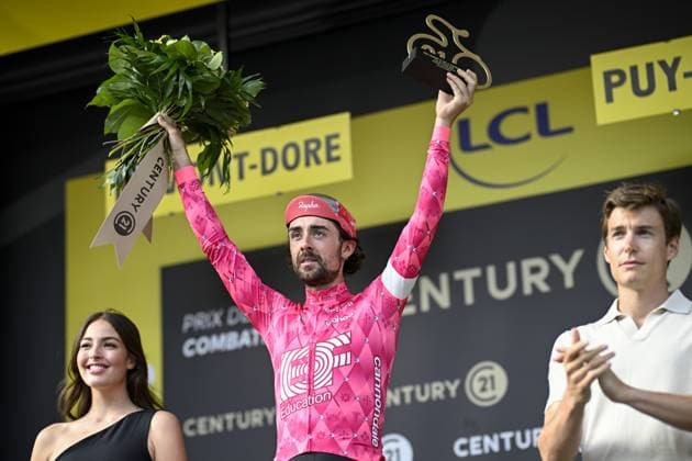 Irish Ben Healy of EF Education-EasyPost celebrates on the podium with the combativity award after stage 10 of the 2025 Tour de France cycling, from Ennezat to Le Mont-Dore Puy de Sancy (169 km), on Monday 14 July 2025 in France. The 112th edition of the Tour de France starts on Saturday 5 July in Lille, France, and will finish in Paris, France on the 27th of July. JASPERxJACOBS  x129259243x