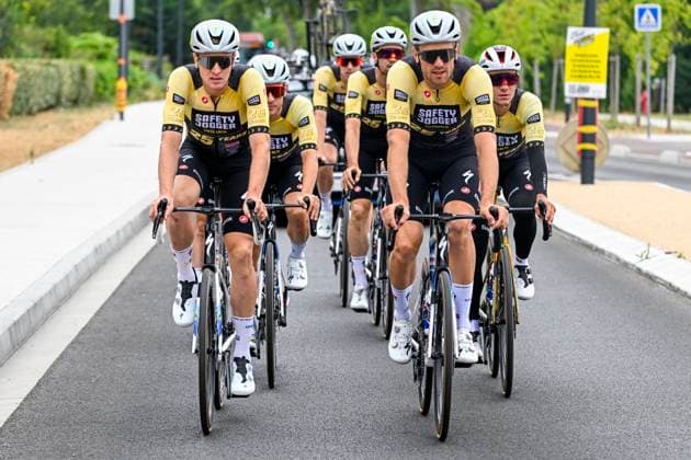 Tour de France 2025 First Restday TOULOUSE, FRANCE - JULY 15 : Van Lerberghe Bert (BEL) of Soudal - Quick Step, Merlier Tim (BEL) of Soudal - Quick Step, Evenepoel Remco (BEL) of Soudal - Quick Step having a training ride during the first restday of the 112th edition of Tour de France an UCI World Tour 2.UWT for Men Elite on July 15, 2025 in Toulouse, France, 15 07 2025 ( Motordriver Kenny Verfaillie - Toulouse France  Copyright: xJanxDexMeuleneirx