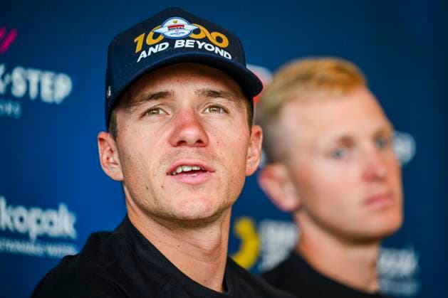 Tour de France 2025 First Restday TOULOUSE, FRANCE - JULY 15 : Evenepoel Remco (BEL) of Soudal - Quick Step and Merlier Tim (BEL) of Soudal - Quick Step during a press conference, PK, Pressekonferenz during the first restday of the 112th edition of Tour de France an UCI World Tour 2.UWT for Men Elite on July 15, 2025 in Toulouse, France, 15 07 2025 ( Motordriver Kenny Verfaillie - Toulouse France  Copyright: xVincentxKalutx