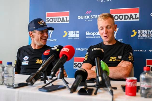 Tour de France 2025 First Restday TOULOUSE, FRANCE - JULY 15 : Evenepoel Remco (BEL) of Soudal - Quick Step and Merlier Tim (BEL) of Soudal - Quick Step during a press conference, PK, Pressekonferenz during the first restday of the 112th edition of Tour de France an UCI World Tour 2.UWT for Men Elite on July 15, 2025 in Toulouse, France, 15 07 2025 ( Motordriver Kenny Verfaillie - Toulouse France  Copyright: xVincentxKalutx