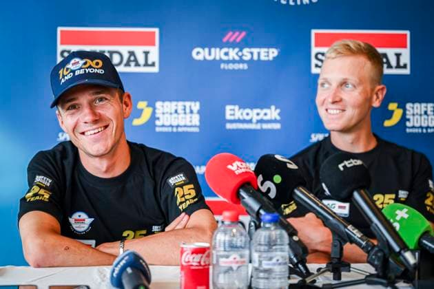 Tour de France 2025 First Restday TOULOUSE, FRANCE - JULY 15 : Evenepoel Remco (BEL) of Soudal - Quick Step and Merlier Tim (BEL) of Soudal - Quick Step during a press conference, PK, Pressekonferenz during the first restday of the 112th edition of Tour de France an UCI World Tour 2.UWT for Men Elite on July 15, 2025 in Toulouse, France, 15 07 2025 ( Motordriver Kenny Verfaillie - Toulouse France  Copyright: xVincentxKalutx