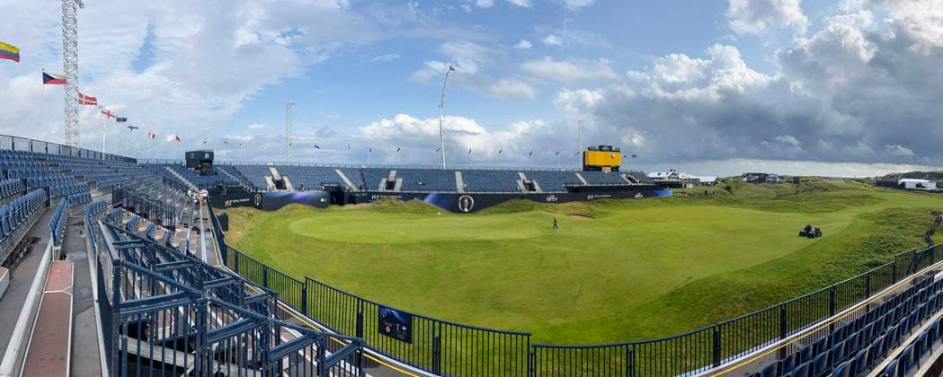 14th July 2025; Royal Portrush Golf Club, Portrush, County Antrim, Northern Ireland; The Open Golf Championship Practice Day 2; a panoramic view of the grandstands at the 18th green  ActionPlus12814037 DavidxBlunsden