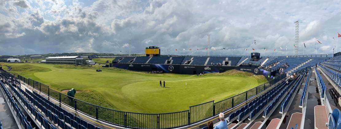 14th July 2025; Royal Portrush Golf Club, Portrush, County Antrim, Northern Ireland; The Open Golf Championship Practice Day 2; a panoramic view of the grandstands at the 18th green  ActionPlus12814038 DavidxBlunsden