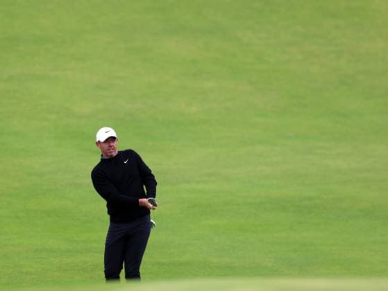 15th July 2025; Royal Portrush Golf Club, Portrush, County Antrim, Northern Ireland; The Open Golf Championship Practice Day 3; Rory McIlroy (NIR) plays a pitch shot at the 11th hole  ActionPlus12814047 DavidxBlunsden