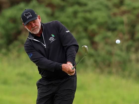 15th July 2025; Royal Portrush Golf Club, Portrush, County Antrim, Northern Ireland; The Open Golf Championship Practice Day 3; Darren Clarke (NIR) plays a pitch shot to the 17th green  ActionPlus12814082 DavidxBlunsden