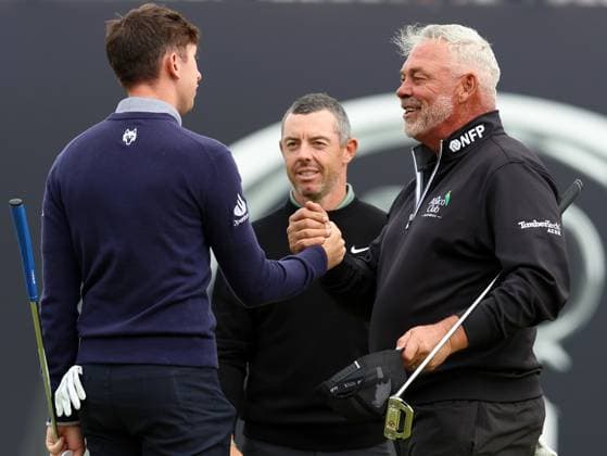 15th July 2025; Royal Portrush Golf Club, Portrush, County Antrim, Northern Ireland; The Open Golf Championship Practice Day 3; Rory McIlroy (NIR) shakes hands with his playing partners Tom McKibbin (NIR) and Darren Clarke (NIR) on the 18th green  ActionPlus12814088 DavidxBlunsden