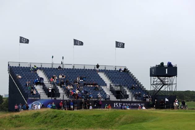 15th July 2025; Royal Portrush Golf Club, Portrush, County Antrim, Northern Ireland; The Open Golf Championship Practice Day 3; a general view of the grandstand at the 1st green  ActionPlus12814203 DavidxBlunsden