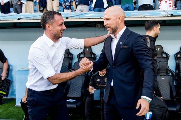 250715 Head coach Levan Korgalidze of FC Iberia and Henrik Rydström of Malmö FF ahead of the UEFA Champions League qualifier football match between Malmö FF and FC Iberia 1999 on July 15, 2025 in Malmö Photo Christian Örnberg BILDBYRAN COP 166 CO0587 fotboll football soccer fotball uefa champions league gualifiers champions league malmö ff fc iberia bbeng bbauto  Copyright: CHRISTIANxÖRNBERG BB250715CO014