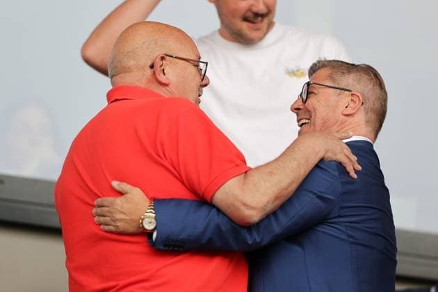 Guy Altmeisch Mayor of Differdange hugs Fabrizio Bei President FC Differdange 15 07 2025 Football Champions League qualification, 1 round, second leg, 2025 season 2026 15 07 2025 FC Differdange 03 LUX FC Drita XKX Differdange Stade Municipal de la Ville de Differdange, Differdange