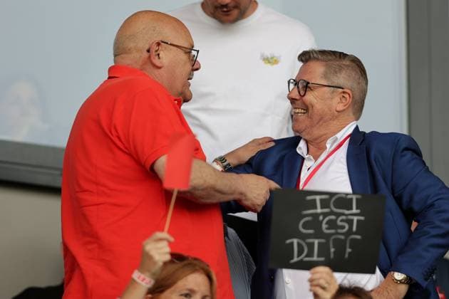 Guy Altmeisch Mayor of Differdange in conversation with Fabrizio Bei President FC Differdange 15 07 2025 Football Champions League qualification, 1 round, second leg, season 2025 2026 15 07 2025 FC Differdange 03 LUX FC Drita XKX Differdange Stade Municipal de la Ville de Differdange, Differdange