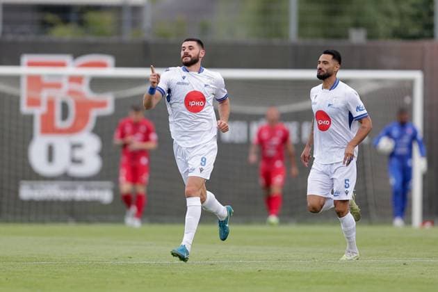 Arber Manaj Drita 9 cheers, rejoices, jubilation, joy with Juan Camilo Mesa Drita 5 after the 0 1 15 07 2025 Football Champions League qualification, 1 round, second leg, season 2025 2026 15 07 2025 FC Differdange 03 LUX FC Drita XKX Differdange Stade Municipal de la Ville de Differdange, Differdange