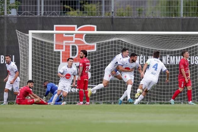Arber Manaj Drita 9 cheers, rejoices, jubilation, joy after the 0 2 15 07 2025 Soccer Champions League qualification, 1 round, second leg, season 2025 2026 15 07 2025 FC Differdange 03 LUX FC Drita XKX Differdange Stade Municipal de la Ville de Differdange, Differdange
